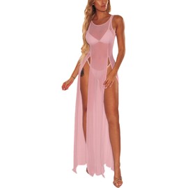 Traje de baño de playa para mujer, vestido de malla transparente, sexy, de malla transparente, ropa de playa, A-rosa polvoriento, M
