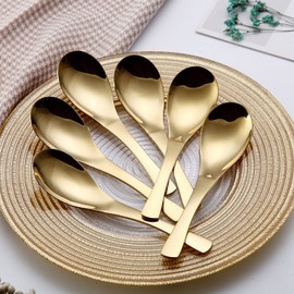 Gold Soup Spoon,Kyraton Titanium Gold Plated Stainless Steel Thick Heavy-Weight Table Spoons,Dishwasher Safe(6 pieces)