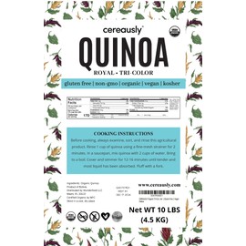 CEREAUSLY Organic Tri-Color Quinoa – Premium Royal Quinoa from Bolivia – Kosher and Non-GMO Quinoa Bulk – Vegan and Gluten-Fee Cooking Quinoa – 10 LB