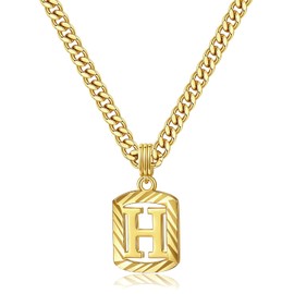 KELORIS PATH Gold Initial Necklace for Women, 14K Gold Plated Square Letter Pendant Charm Necklace Cuban Chain Capital Alphabets from A-Z Jewelry (Gold H)