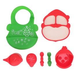 Silicone Baby Eating Supplies Strong Suction Cups Christmas Theme Baby Led Weaning Utensils with Drinking Cups Forks Spoon Green