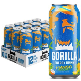 Gorilla Energy Drink, Mango Coconut, 200mg Natural Caffeine, Real Fruit Juice Squeezed & Concentrated, L-Theanine, Taurine, Ginseng, Acetyl L-Carnitine, No Added Sugar and No Artificial Colors, 12 Pack