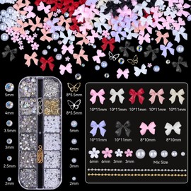 2 Boxes Mixed 3D Nail Charms and Rhinetones, Color Bows Bowknots Flowers Acrylic Nail Art Charms, Flatback Pearl AB Nail Gems Charms DIY Nail Art Supplies Accessories