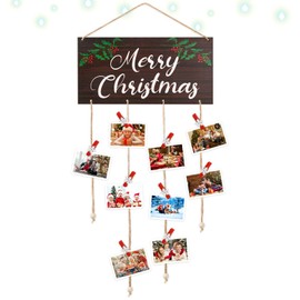 Aucpod Christmas Card Holder, Merry Christmas Wooden Hanging Picture Holders, Xmas Card Display with 30 Photo Clips, Xmas Holiday Card Photo Holder Merry Christmas Sign (Garden, Merry Christmas)
