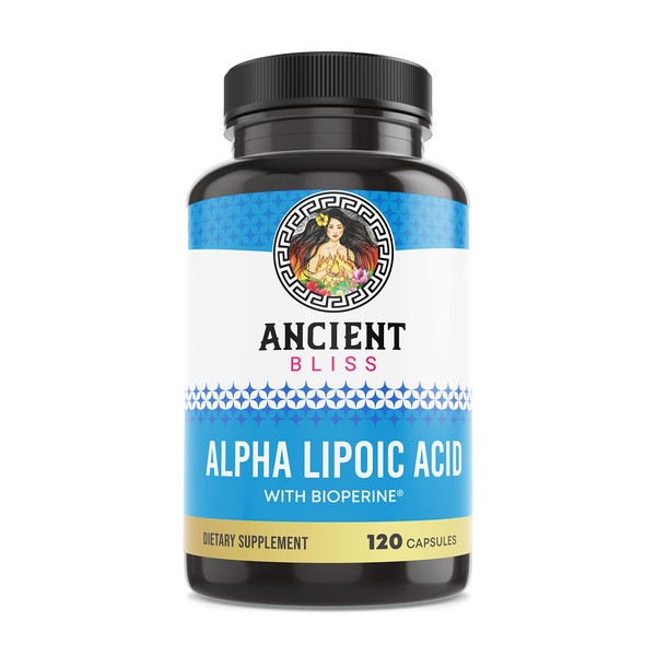 Ancient Bliss Alpha Lipoic Acid Supplement, Antioxidant and Energy Support, ALA Supplement with Bioperine, No Gluten and Soy, 600mg per Serving, 120 Vegan Capsules