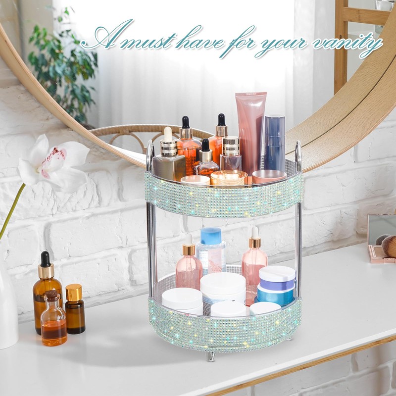 Honeydak 360 Rotating Perfume Organizer Rhinestone Bathroom Counter Organizer Makeup