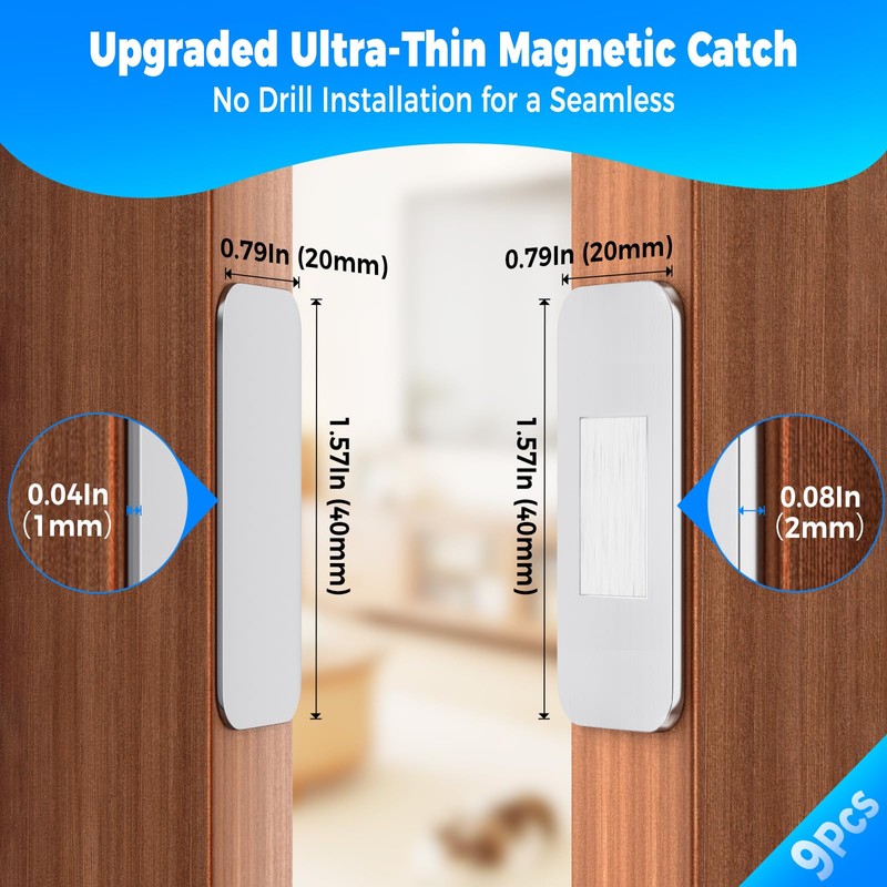 PHIXBEAR 9 Pairs Ultra-Thin Magnetic Cabinet Door Catch, No-Drill Adhesive