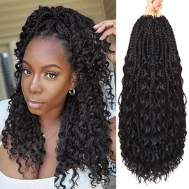 Eeanno Goddess Box Braids Crochet Hair 14 Inch 7 Packs Boho Crochet Braids for Women Pre Looped Crochet Box Braids with Curly Ends (14 Inch, 1B#)