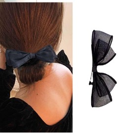 Vintage Mesh Tie Bow Hair Clip Barrette French Silk Bow Head Clip Headwear Black Mesh Headpieces Silk Hair Accessories for Women and Girls (Black, One size)