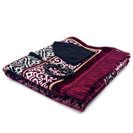 Velvet Islamic Prayer Rug Set (Thick Prayer Mat - 99 Tasbih Prayer Beads - Black Cotton Kufi Hat) Eid and Ramadan Gift for Muslims (Red)