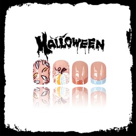 24 Pcs Short Square Press on Nails Thanksgiving Fake Nails with Leaf Pumpkin Designs Nude Pink False Nails French Press ons Glossy Glue on Nails Cute Stick on Nails for Women