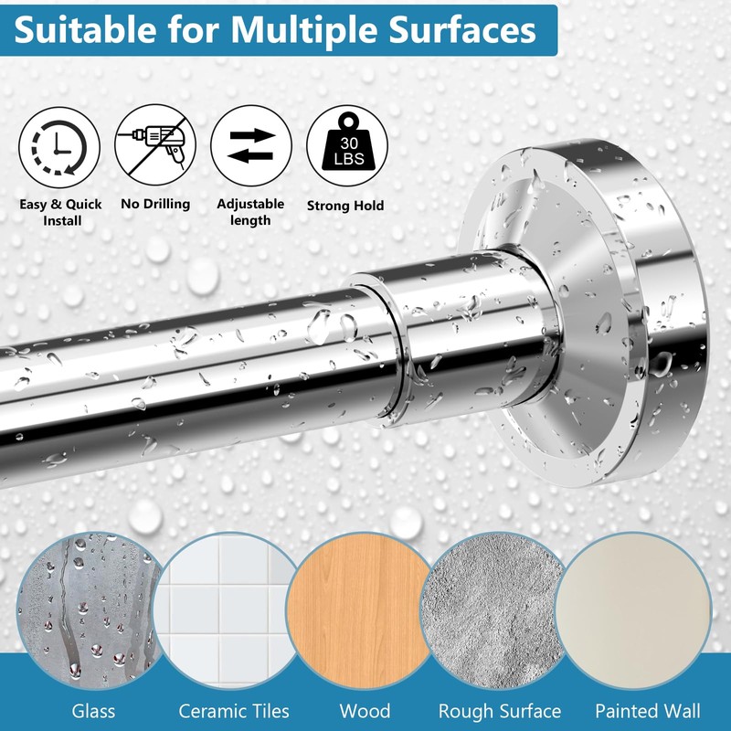 Bonpally Shower Curtain Rod 32-47 Inches Adjustable, Non-Slip Spring Tension
