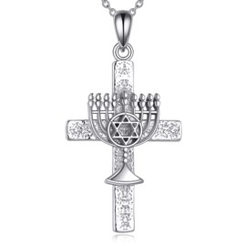 POPLYKE Menorah Star of David Cross Pendant Necklace Sterling Silver Religious Christian Jewish Jewelry Gifts for Women Men