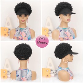 VAVANGA Black Baseball Cap with Short Afro Kinky Hair Attached - Synthetic Hair Afro Puff Kinky Curly Ponytail Extension Hat Wig for Black Women - 1B#