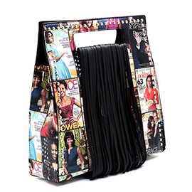 Amy & Joey Glossy Magazine Cover Collage Michelle Obama Printed Fringe and Studs Crossbody Boxy Satchel (Multi/Black)