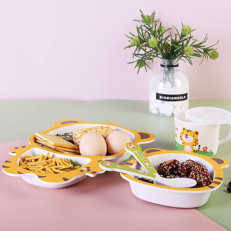 Fekdod Bamboo Kids Dinnerware Set 5 Pcs Includes Plate Bowl