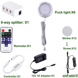AIBOO LED Under Cabinet Lighting Fixture Kitchen Under Counter Lights with Plug in and Wireless RF Remote Control, 6 Thin Cabinet LED Puck Light Kits (4000K Natural White)