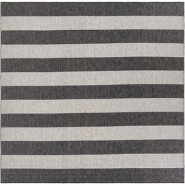 Unique Loom Outdoor Striped Collection Area Rug - Distressed Stripe (10' Square Charcoal Gray/Ivory)