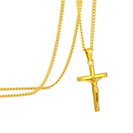 murtoo Jesus Cross Necklace for Men, Sliver and Gold Men’s Carved Jesus Cross Necklace, Religious Pendant Necklace Gifts for Men (18+2 inch, gold)