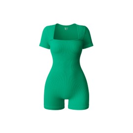 OQQ Women Short Sleeve Rompers Yoga Stretch Square Neck Exercise Rompers Green