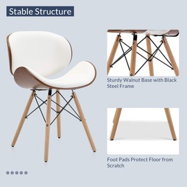 BELLEZE Set of 2 Mid Century Modern Dining Chairs, Upholstered Faux Leather Walnut Curved Back Contemporary Kitchen Dining Accent Chair, Minimalist Vintage Style - Avalon (White)