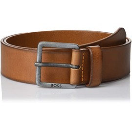 Smooth Leather Belt with Logo on Buckle, Natural Medium Brown, 32