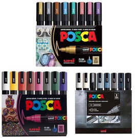 posca Markers Bundle, 24 Medium Paint Markers 5M - 8 Mono Tones + 8 Dark Tones + 8 Metallic Tones