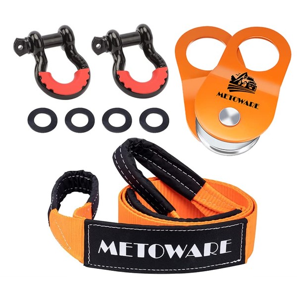 METOWARE Offroad Recovery Kit - 3" x8' Tree Saver, Tow Strap with 2pk D Ring Shackles and 10 Ton Heavy Duty Snatch Block Pulley