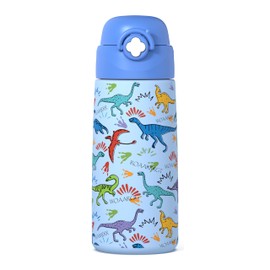 Ntswasd Children's Stainless Steel Drinking Bottle, Straw Thermos Flask, 500 ml, BPA-Free, Leak-Proof Thermal Water Bottle for School, Nursery (Dinosaur Blue)