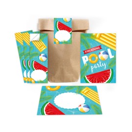Minkocards 12 Invitation Cards for Children's Birthday Parties Swimming Pool Swimming Girls Boys Birthday Party Invitation with 12 Envelopes, 12 Party Bags / Natural, 12 Stickers