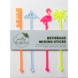 Acrylic Swizzle Sticks, Miami Beach Design, Set of 4, Neon Orange Miami, Blue Umbrella, Pink Flamingo, Yellow Palm Tree, 6.25", Party Accessories, Stir Stick
