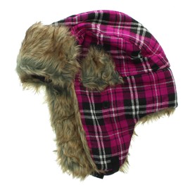 Milani Original Trapper Flannel Plaid Pattern Style Hunting Aviator Winter Hat with Faux Fur and Strap (Fuschia)