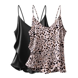 Ekouaer Women's 2 Pcs Satin Camisole Silky Pajama Tank Tops V Neck Soft Spaghetti Strap Loose Basic Sleepwear Black/Leopard Print X-Large