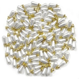 WELANE Drop Pearl Charms, 100 PCS Teardrop Shaped Pearl Pendant with Golden Edge and Rhinestones for Jewelry Making (8 X 15mm)