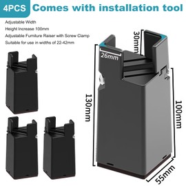 Pack of 4 Furniture Risers, 10 cm, Adjustable Bed Raisers with Screw Clamp, Heavy Duty Chair Risers, Furniture Raisers for 22-42 mm Wide Square & Round Chair Leg (10 cm Black)