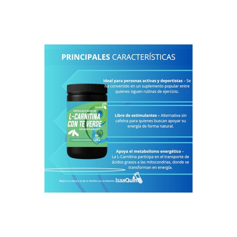IsaaQuim L-Carnitina con Té Verde Suplemento Alimenticio en Cápsulas 200