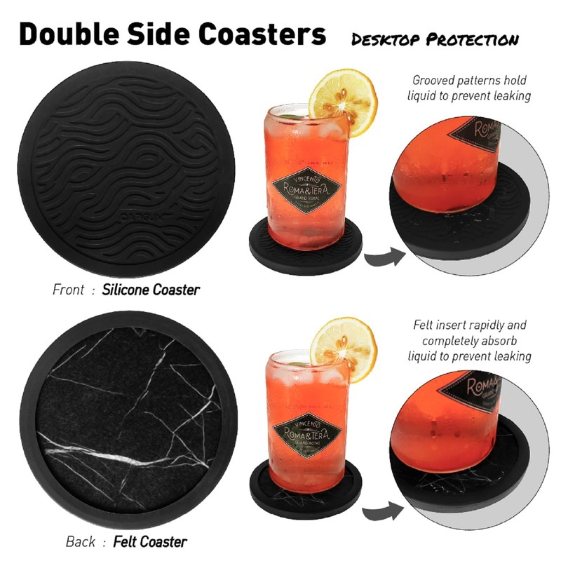 Set of 4 Black Silicone Coasters, Double-Sided Absorbent Felt &