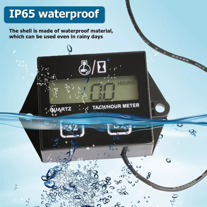 Small Engine Hour Meter and Digital Tachometer, Waterproof Inductive Tacho