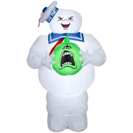 Gemmy Stay Puft Halloween Inflatable, 3.5 Ft Tall Lighted Ghostbusters Yard Decoration with Slimer Jack O Lantern, Outdoor Decor with Stakes and Tethers