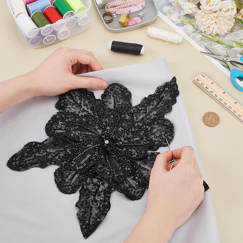 MAYJOYDIY Black 3D Sequin Flower Applique Sparkly Sew on Sequins