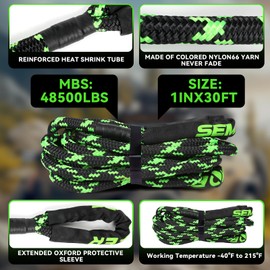 Kinetic Recovery Rope, 1" x 30ft 48500LBS, Kinetic Rope Recovery Kit with 2 Soft Shackles, Heavy Duty Offroad Snatch Strap, 35% High Elasticity Tow Ropes for Trucks SUV UTV, Black & Green Mixed