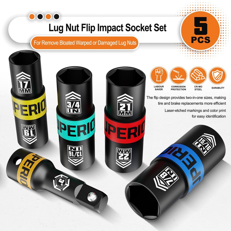 Aiourx 1/2" Drive Lug Nut Impact Socket Set, 5 Pcs