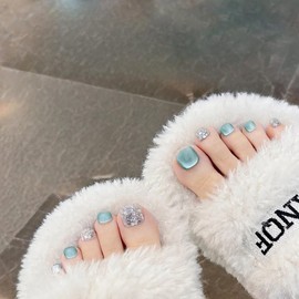 [NEURAD]ネイルチップ 足用 水色 24枚入 フットネイル フットネイルチップ 足用ネイルチップ マグネット 夏 付け爪 猫目石 可愛い 人気 シンプル