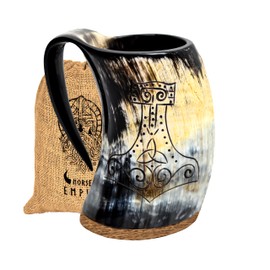 NORSE EMPIRE Viking Drinking Horn Mjolnir Engraving Mug,16-20oz | The Ultimate Vikings Ox horn Mug for Cold Drinks - 100% food safe comes with gift bag (Worthy Mjolnir - Polished)