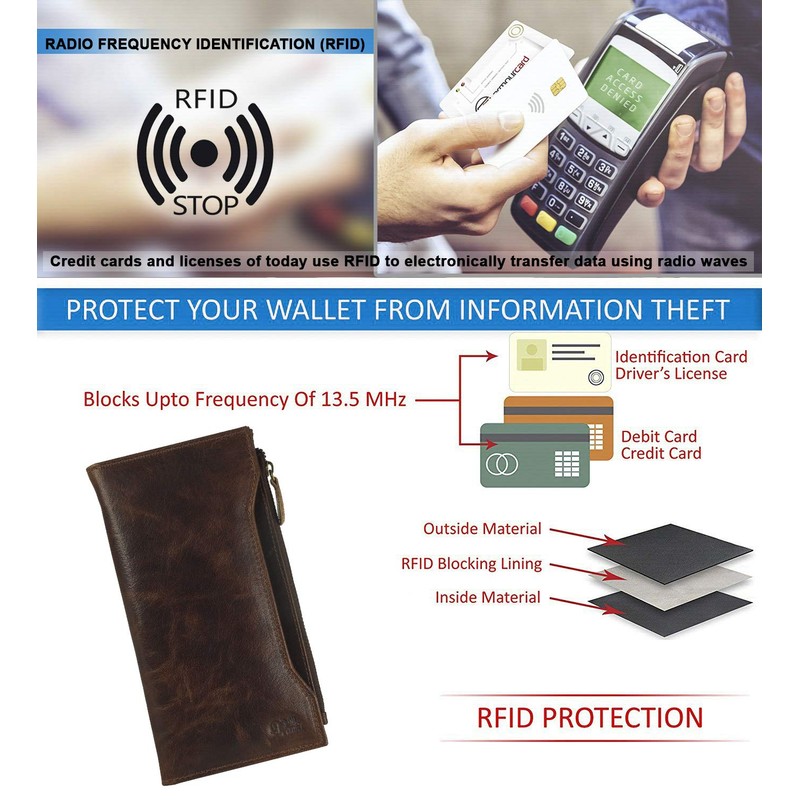 Genuine Leather RFID Blocking Long Wallet – Vintage Bifold for