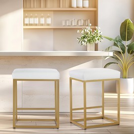 ALPHA HOME 24 Inch Counter Height Bar Stools Set of 2, Upholstered Bar Stools for Kitchen Island, Counter Stools with Faux Leather Cushion and Sturdy Metal Frame, Modern Barstools, White and Gold