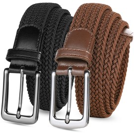FINGER TEN Men's Stretch Belts Elastic Braided Value 2 Pack, Woven Belt for Golf Casual Pants Shirts Jeans (fit for Waist Size 30"-34", Black+Beige)