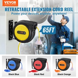 VEVOR Retractable Extension Cord Reel, 65 FT, Heavy Duty 12AWG/3C SJTOW Retractable Power Cord with Lighted Triple Tap Outlet, 15 Amp Circuit Breaker 180° Swivel Bracket for Ceiling or Wall Mount