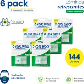 Cool Shock Láminas Refrescantes de aliento sabor yerbabuena. Larga Sensación de Frescura. Sin Azúcar. 24pz. Caja 6 pz
