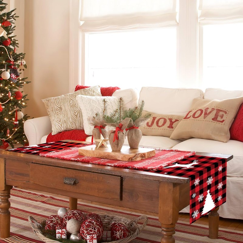 Table Runner Christmas Red, FUKPO Linen Christmas Table Runner Winter